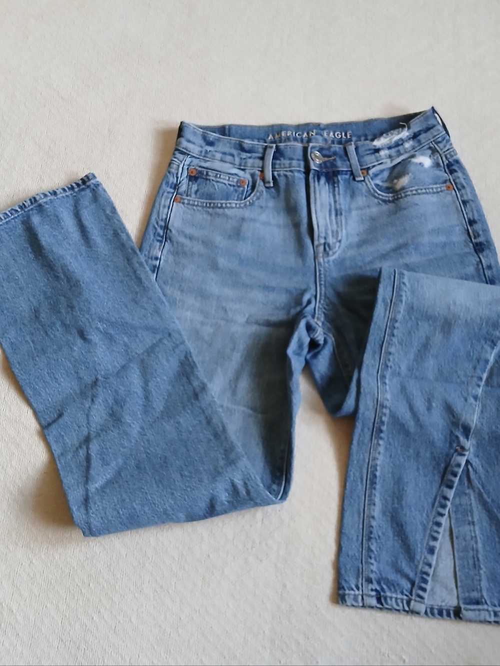 american eagle retro 90s bootcut jeans front split hem slit denim size 4